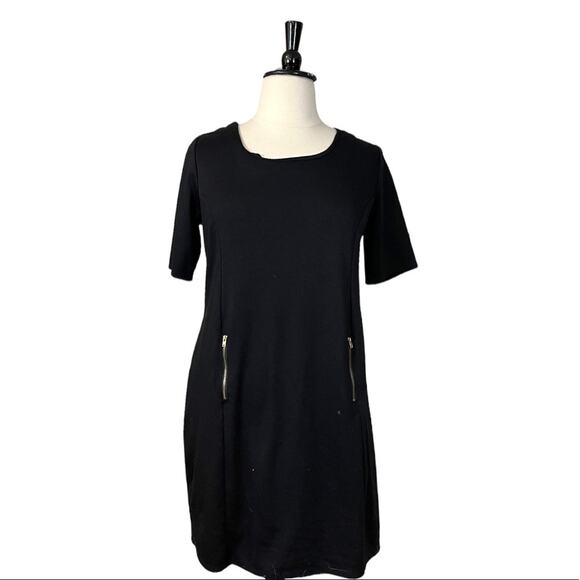 Merona Shift Dress Short Sleeves Ponte Knit Gold Zipper Front Black Size XXL - Picture 1 of 10